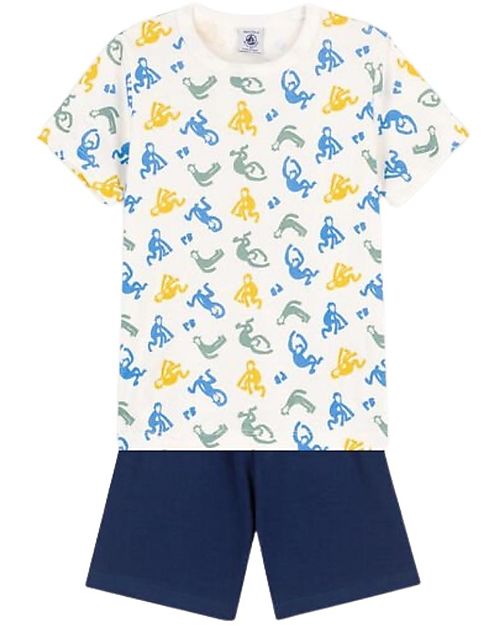 Petit Bateau 4 Pieces Short Sleeved Pajamas - Monkeys - White/Blue - 100% Oeko-Tex Cotton - Glows in the Dark! Pyjamas