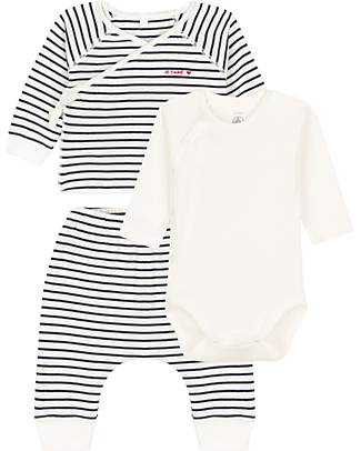 Petit Bateau 5-Piece Set - Body - Cardigan and Tracksuit Trousers - Striped Pattern - White and Blue Snowsuits