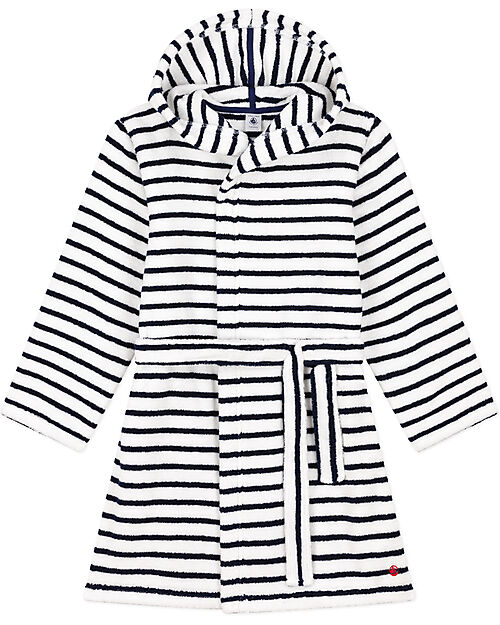 Petit Bateau Bathrobe - White/Blue - 100% Oeko-Tex Organic Cotton - with Hood and Belt Towels And Flannels