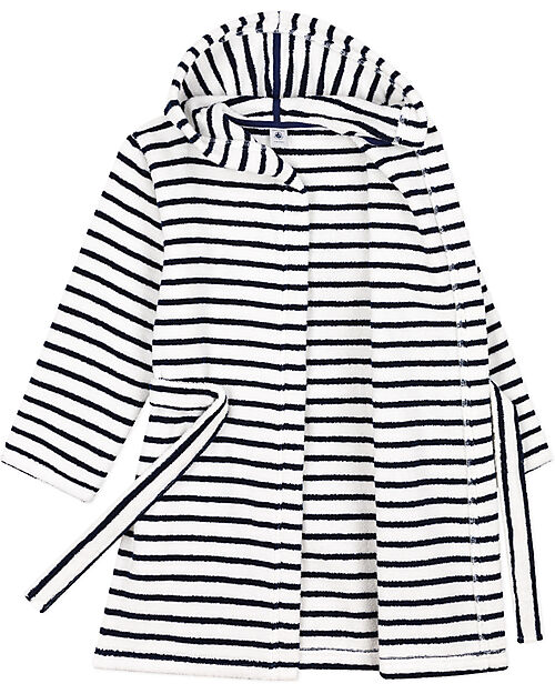 Petit Bateau Bathrobe - White/Blue - 100% Oeko-Tex Organic Cotton - with Hood and Belt Towels And Flannels