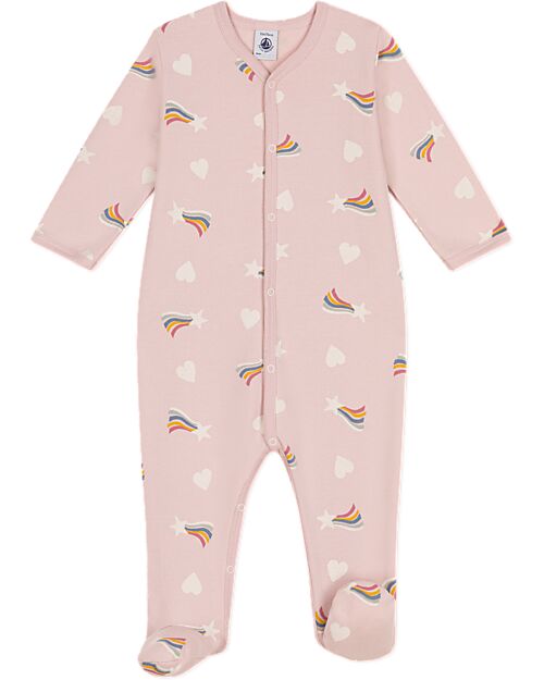 Petit Bateau Brushed Fleece Fabric Onesie - Pink - Stars and Hearts - 100% Cotton Babygrows