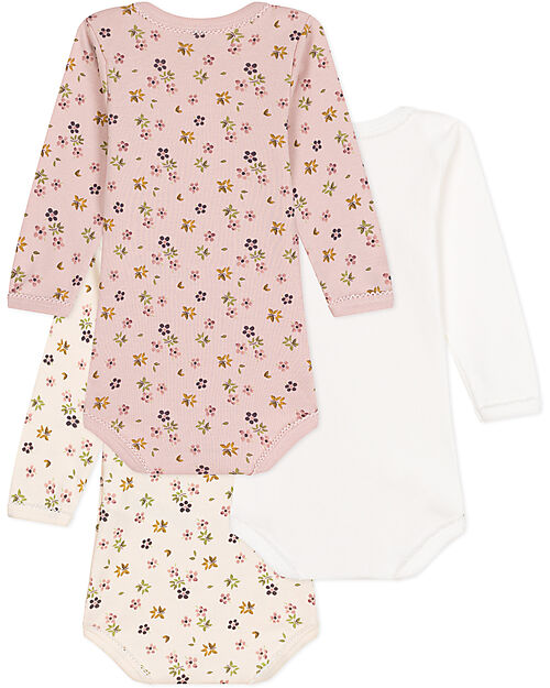 Petit Bateau Crossed Long Sleeve Bodysuit - Pack of 3 - Beige/Pink and White - Flowers - 100% Organic Cotton Long Sleeves Bodies