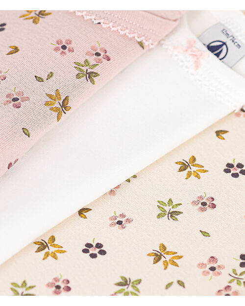 Petit Bateau Crossed Long Sleeve Bodysuit - Pack of 3 - Beige/Pink and White - Flowers - 100% Organic Cotton Long Sleeves Bodies