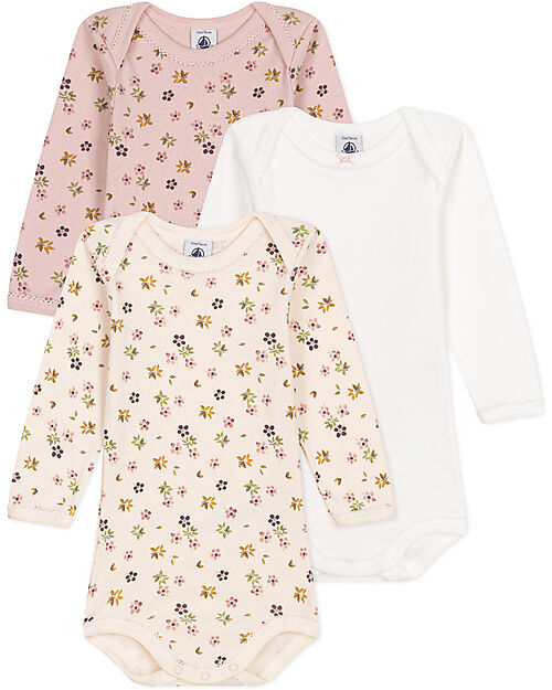 Petit Bateau Crossed Long Sleeve Bodysuit - Pack of 3 - Beige/Pink and White - Flowers - 100% Organic Cotton Long Sleeves Bodies