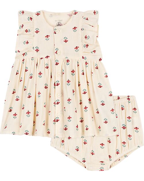 CREAM FLORAL SHORT SLEEVES DRESS AND BLOOMER IN ORGANIC COTTON, NEWBORN CREAM FLORAL SHORT SLEEVES DRESS AND BLOOMER IN ORGANIC COTTON, NEWBORN