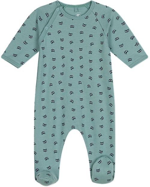Petit Bateau Full-Length Fleece Fabric Jumpsuit - Aqua Green - Raccoon - 100% Cotton Babygrows