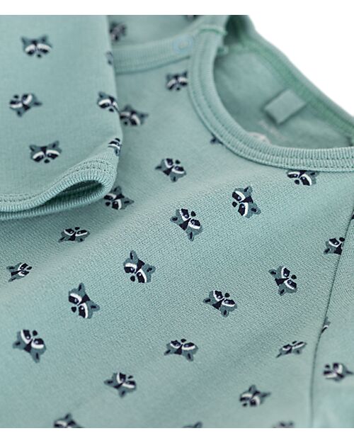 Petit Bateau Full-Length Fleece Fabric Jumpsuit - Aqua Green - Raccoon - 100% Cotton Babygrows