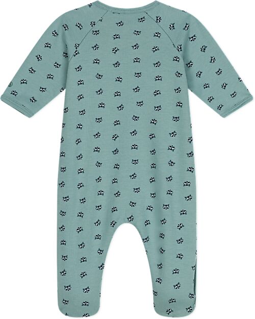 Petit Bateau Full-Length Fleece Fabric Jumpsuit - Aqua Green - Raccoon - 100% Cotton Babygrows