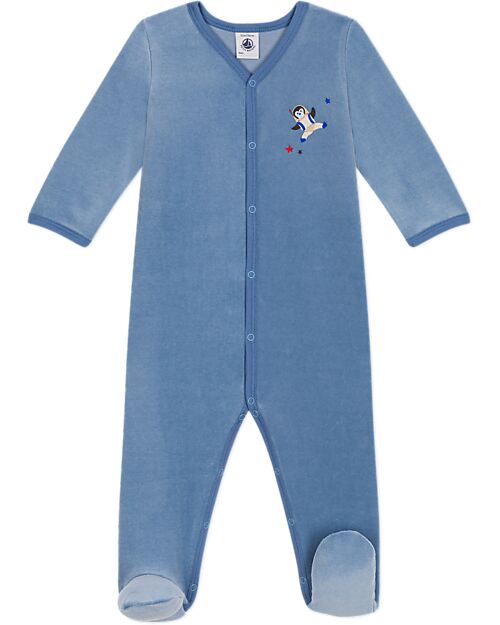 Petit Bateau Full-Length Long-Sleeve Velour Jumpsuit - Light Blue - 100% Cotton Babygrows