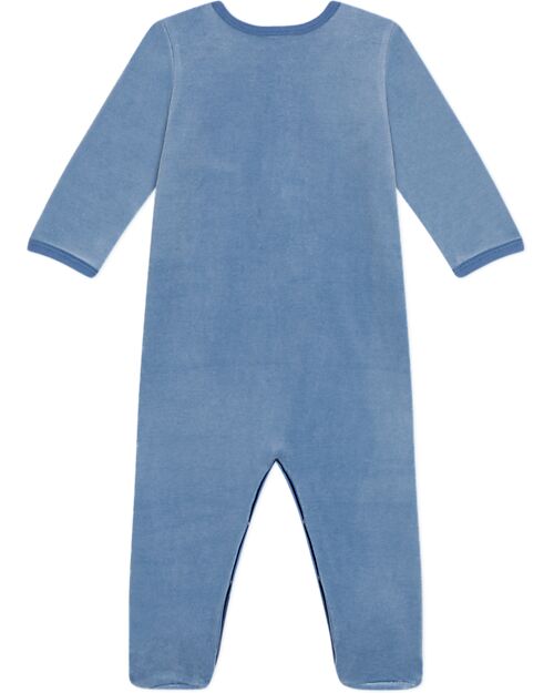 Petit Bateau Full-Length Long-Sleeve Velour Jumpsuit - Light Blue - 100% Cotton Babygrows