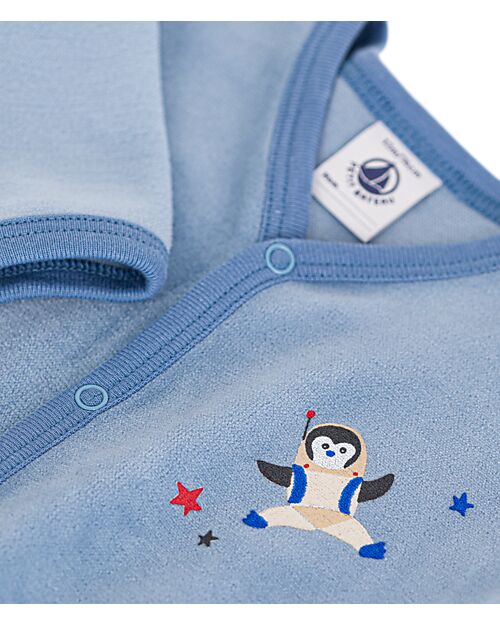 Petit Bateau Full-Length Long-Sleeve Velour Jumpsuit - Light Blue - 100% Cotton Babygrows