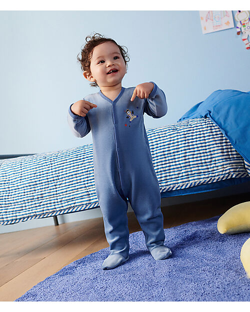 Petit Bateau Full-Length Long-Sleeve Velour Jumpsuit - Light Blue - 100% Cotton Babygrows