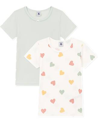 Petit Bateau Girls' Short-sleeved T-Shirts - Pack of 2 - Green and Heart - Picot Edging - 100% Cotton T-shirts