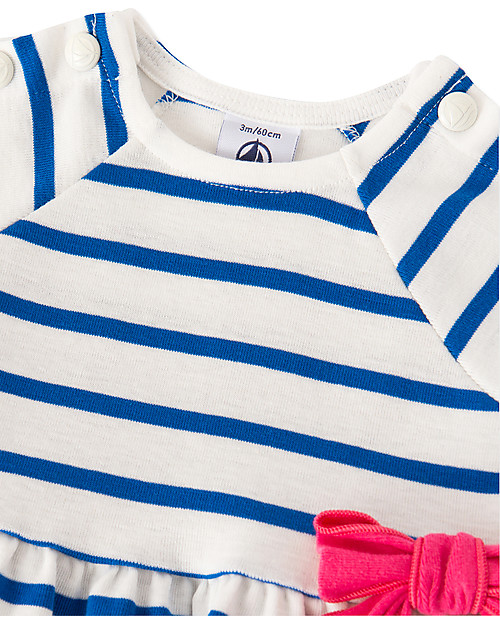 Petit Bateau Girl's Stripy Dress, White/Navy - 100% Cotton Dresses_