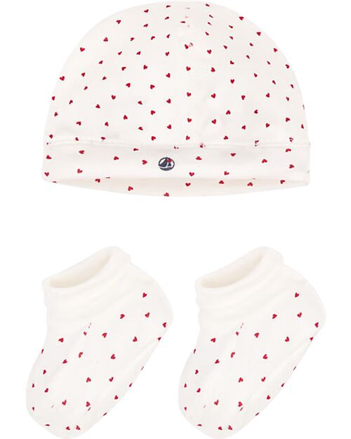 Petit Bateau Hat & Slippers Set - Hearts - Organic Cotton Newborn Hats