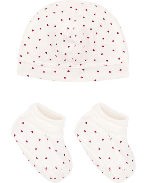 Petit Bateau Hat & Slippers Set - Hearts - Organic Cotton Newborn Hats