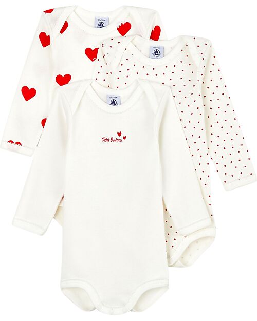 Petit Bateau Long Sleeve Body - 3 Pack - White with Heart Pattern/White - 100 % Cotton Long Sleeves Bodies