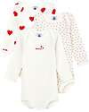 Petit Bateau Long Sleeve Body - 3 Pack - White with Heart Pattern/White - 100 % Cotton Long Sleeves Bodies