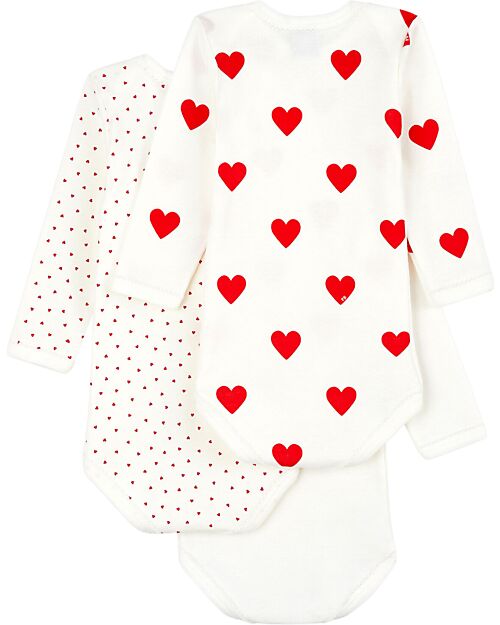 Petit Bateau Long Sleeve Body - 3 Pack - White with Heart Pattern/White - 100 % Cotton Long Sleeves Bodies