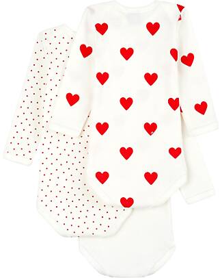 Petit Bateau Long Sleeve Body - 3 Pack - White with Heart Pattern/White - 100 % Cotton Long Sleeves Bodies