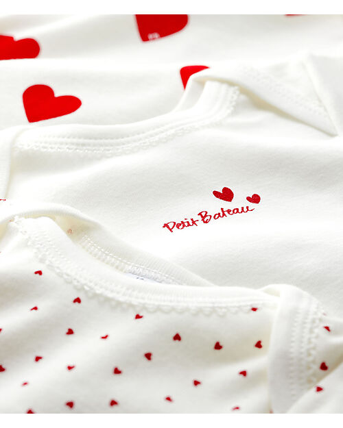 Petit Bateau Long Sleeve Body - 3 Pack - White with Heart Pattern/White - 100 % Cotton Long Sleeves Bodies