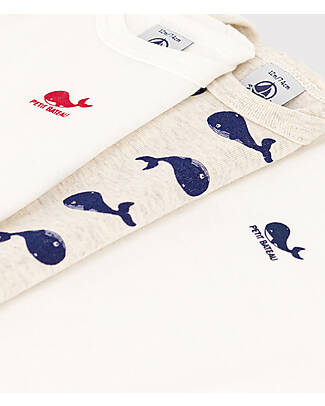Petit Bateau Long Sleeve Body - Pack of 3 - White/Cream with Whales - 100% Organic Cotton Long Sleeves Bodies