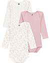 Petit Bateau Long-Sleeve Bodysuit - Pack of 3 - White and Pink - Flowers - 100% Organic Cotton Long Sleeves Bodies