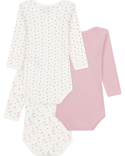Petit Bateau Long-Sleeve Bodysuit - Pack of 3 - White and Pink - Flowers - 100% Organic Cotton Long Sleeves Bodies