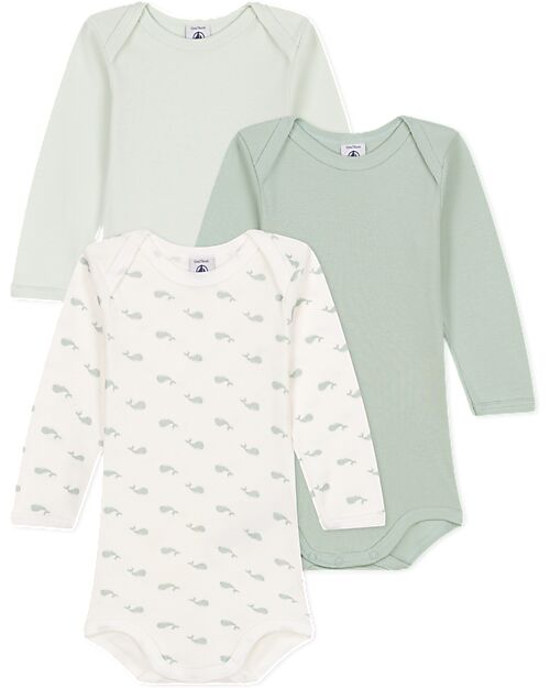 Petit Bateau Long-Sleeve Bodysuit - Pack of 3 - White and Sage Green - Whales - 100% Organic Cotton Long Sleeves Bodies