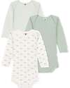 Petit Bateau Long-Sleeve Bodysuit - Pack of 3 - White and Sage Green - Whales - 100% Organic Cotton Long Sleeves Bodies