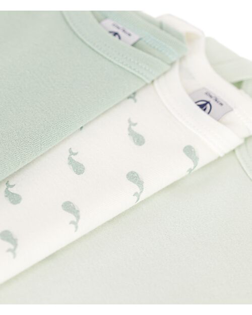 Petit Bateau Long-Sleeve Bodysuit - Pack of 3 - White and Sage Green - Whales - 100% Organic Cotton Long Sleeves Bodies