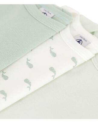 Petit Bateau Long-Sleeve Bodysuit - Pack of 3 - White and Sage Green - Whales - 100% Organic Cotton Long Sleeves Bodies