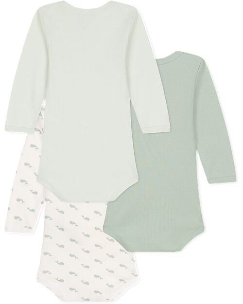Petit Bateau Long-Sleeve Bodysuit - Pack of 3 - White and Sage Green - Whales - 100% Organic Cotton Long Sleeves Bodies
