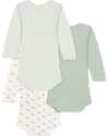 Petit Bateau Long-Sleeve Bodysuit - Pack of 3 - White and Sage Green - Whales - 100% Organic Cotton Long Sleeves Bodies