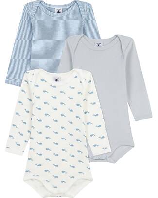 Petit Bateau Long-Sleeve Bodysuit - Pack of 3 - White Blue and Beige - Whales and Stripes - 100% Organic Cotton Long Sleeves Bodies