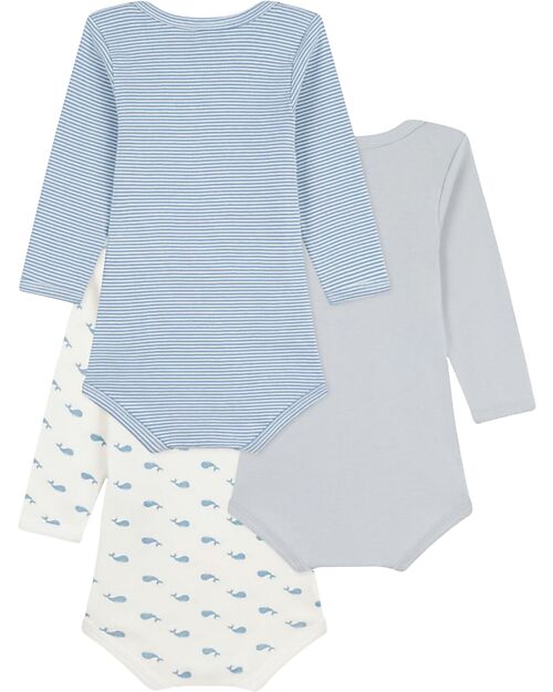 Petit Bateau Long-Sleeve Bodysuit - Pack of 3 - White Blue and Beige - Whales and Stripes - 100% Organic Cotton Long Sleeves Bodies