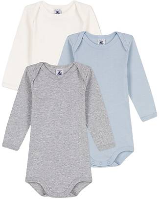 Petit Bateau Long Sleeve Bodysuit - Pack of 3 - White / Light Blue / Gray - 100% Oeko-Tex Cotton Long Sleeves Bodies