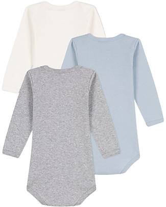 Petit Bateau Long Sleeve Bodysuit - Pack of 3 - White / Light Blue / Gray - 100% Oeko-Tex Cotton Long Sleeves Bodies