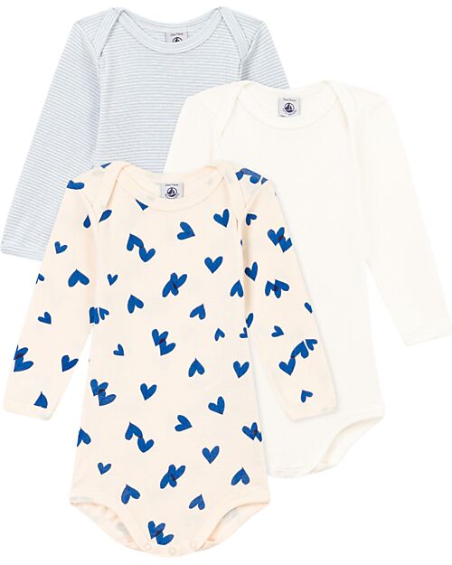 Petit Bateau Long Sleeve Bodysuits - Pack of 3 - White/Cream with Light Blue Hearts/Stripes - 100% Organic Cotton Long Sleeves Bodies