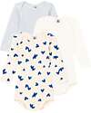 Petit Bateau Long Sleeve Bodysuits - Pack of 3 - White/Cream with Light Blue Hearts/Stripes - 100% Organic Cotton Long Sleeves Bodies