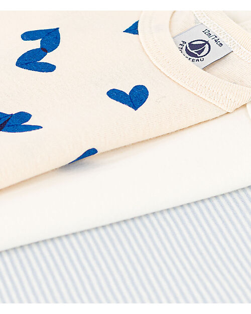 Petit Bateau Long Sleeve Bodysuits - Pack of 3 - White/Cream with Light Blue Hearts/Stripes - 100% Organic Cotton Long Sleeves Bodies