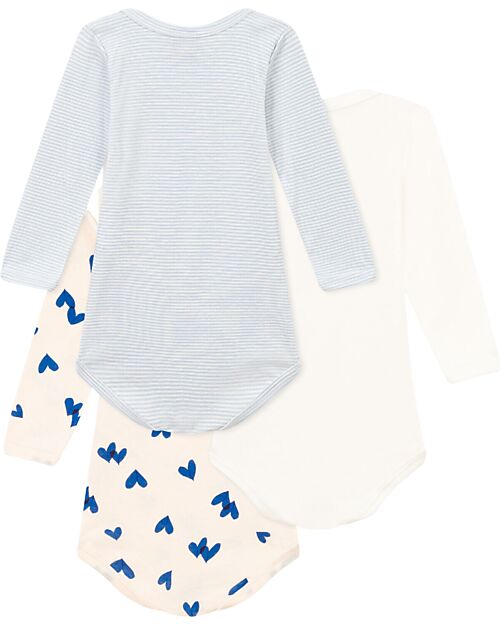 Petit Bateau Long Sleeve Bodysuits - Pack of 3 - White/Cream with Light Blue Hearts/Stripes - 100% Organic Cotton Long Sleeves Bodies