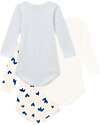 Petit Bateau Long Sleeve Bodysuits - Pack of 3 - White/Cream with Light Blue Hearts/Stripes - 100% Organic Cotton Long Sleeves Bodies