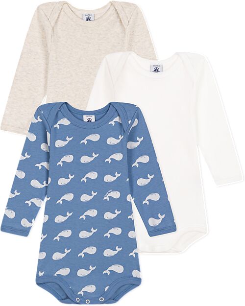 Petit Bateau Long-Sleeve Crossover Bodysuit - Pack of 3 - White Blue and Beige - Whales - 100% Organic Cotton Long Sleeves Bodies