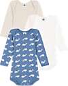 Petit Bateau Long-Sleeve Crossover Bodysuit - Pack of 3 - White Blue and Beige - Whales - 100% Organic Cotton Long Sleeves Bodies
