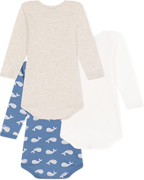 Petit Bateau Long-Sleeve Crossover Bodysuit - Pack of 3 - White Blue and Beige - Whales - 100% Organic Cotton Long Sleeves Bodies
