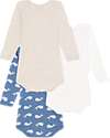 Petit Bateau Long-Sleeve Crossover Bodysuit - Pack of 3 - White Blue and Beige - Whales - 100% Organic Cotton Long Sleeves Bodies