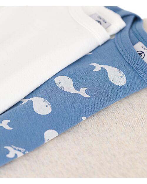 Petit Bateau Long-Sleeve Crossover Bodysuit - Pack of 3 - White Blue and Beige - Whales - 100% Organic Cotton Long Sleeves Bodies
