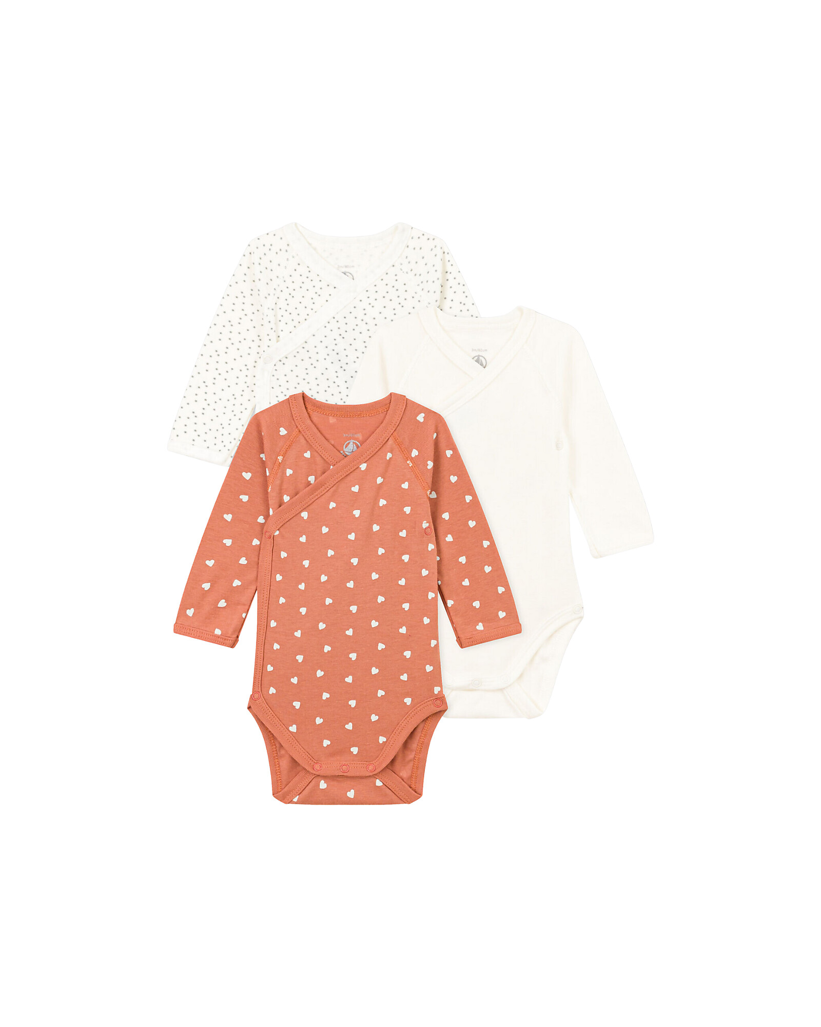 Petit Bateau Long Sleeve Kimono Body - Pack of 3 - White/Pots/Orange with  Hearts - 100% Organic Cotton unisex (bambini)