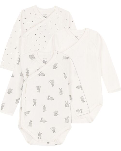 Petit Bateau Long Sleeve Kimono Body - Pack of 3 - White/Stars/Bunny - 100% Organic Cotton Long Sleeves Bodies
